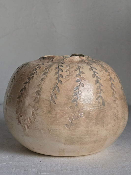 Handmade Rounded Vase with Cascading Leaf Design – Antique White & Olive Green Glaze | Unique Organic Pottery