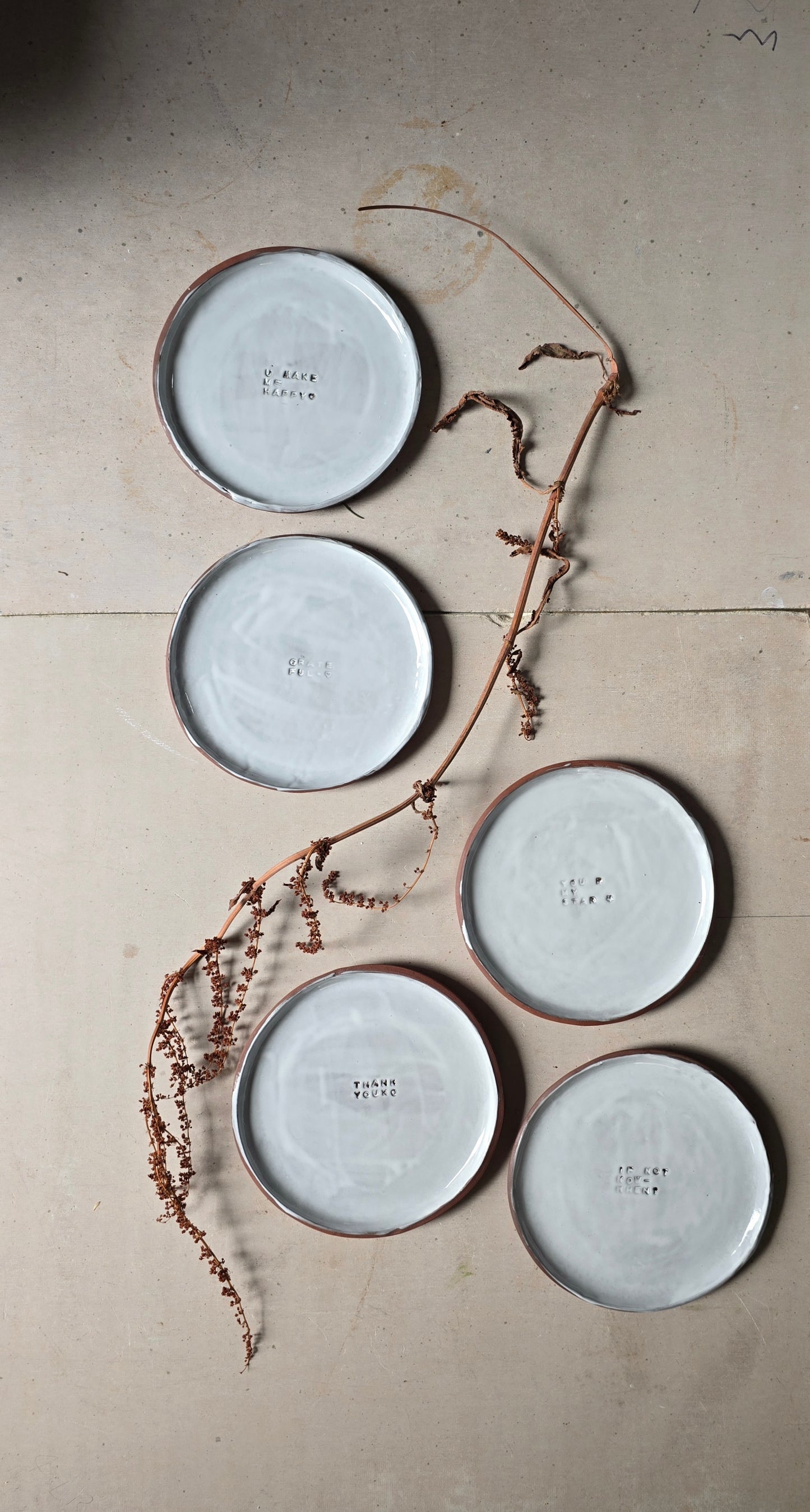 Handmade Mahogany Clay Side Plate | Silky White Glaze with Stamped Quote | Small Snack Plate | Mindful Gift | Personalised Thoughtful Pottery | Unique Rustic Tableware