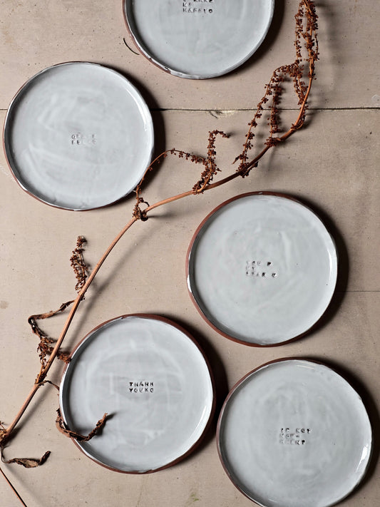 Handmade Mahogany Clay Side Plate | Silky White Glaze with Stamped Quote | Small Snack Plate | Mindful Gift | Personalised Thoughtful Pottery | Unique Rustic Tableware