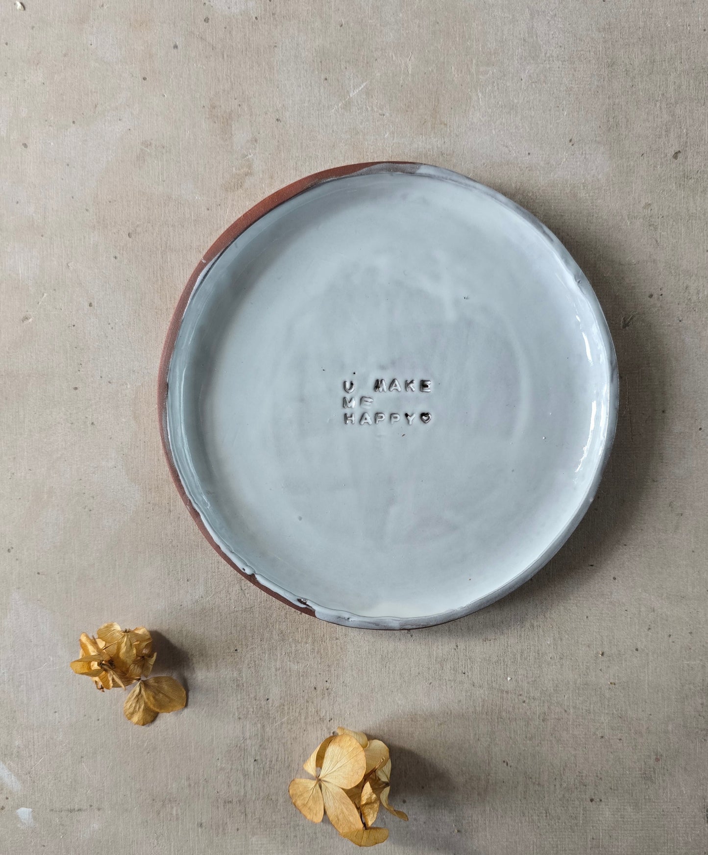 Handmade Mahogany Clay Side Plate | Silky White Glaze with Stamped Quote | Small Snack Plate | Mindful Gift | Personalised Thoughtful Pottery | Unique Rustic Tableware