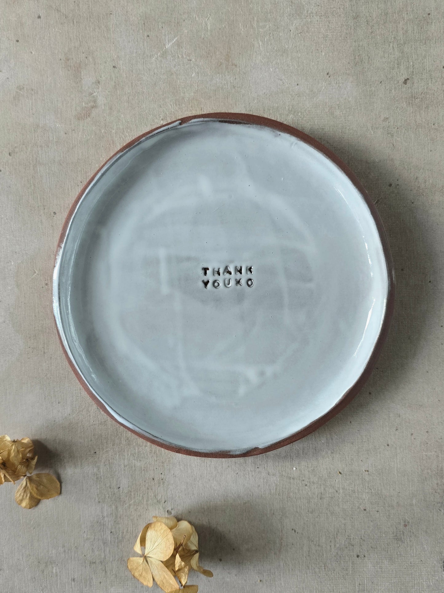 Handmade Mahogany Clay Side Plate | Silky White Glaze with Stamped Quote | Small Snack Plate | Mindful Gift | Personalised Thoughtful Pottery | Unique Rustic Tableware