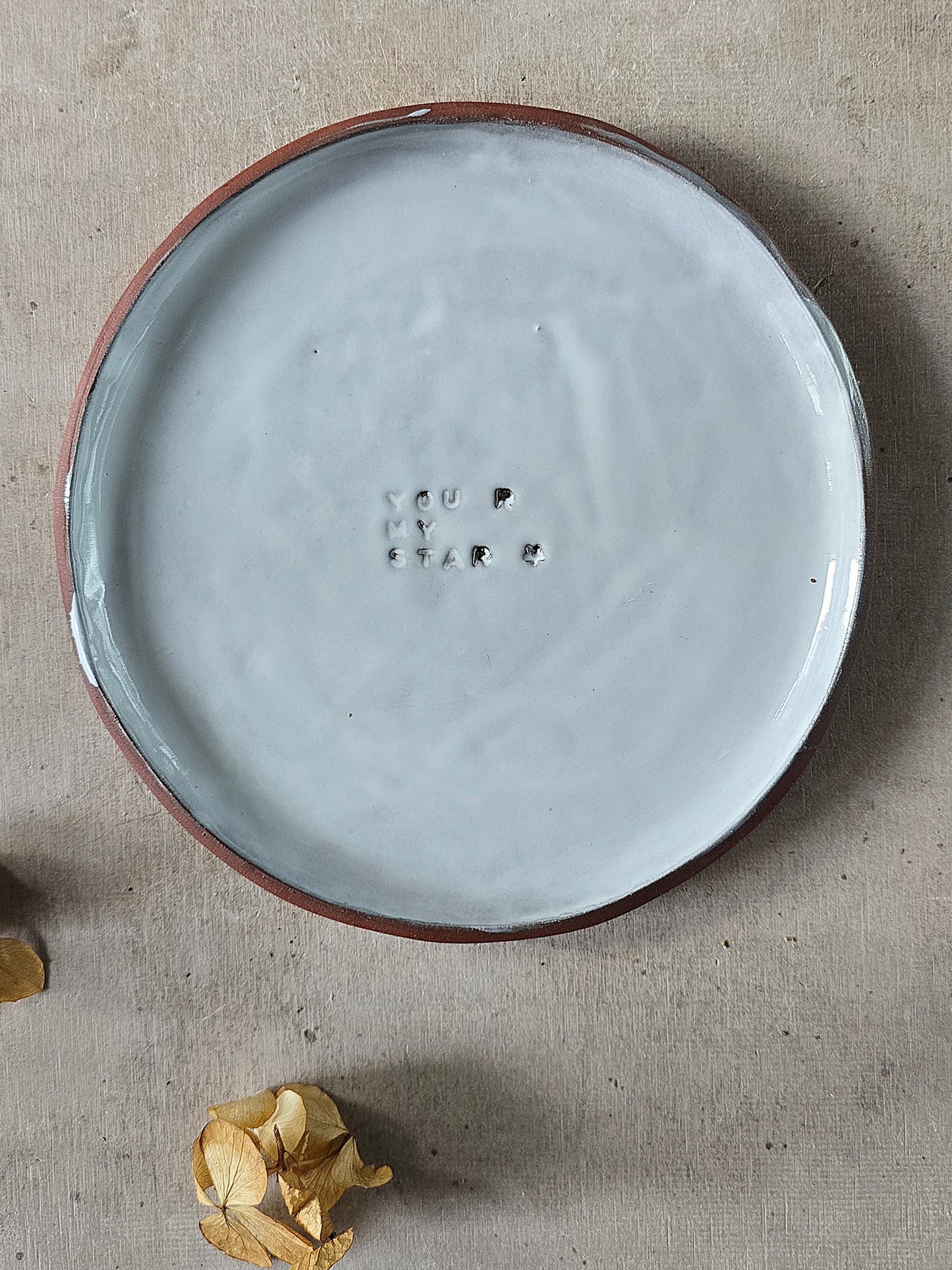 Handmade Mahogany Clay Side Plate | Silky White Glaze with Stamped Quote | Small Snack Plate | Mindful Gift | Personalised Thoughtful Pottery | Unique Rustic Tableware