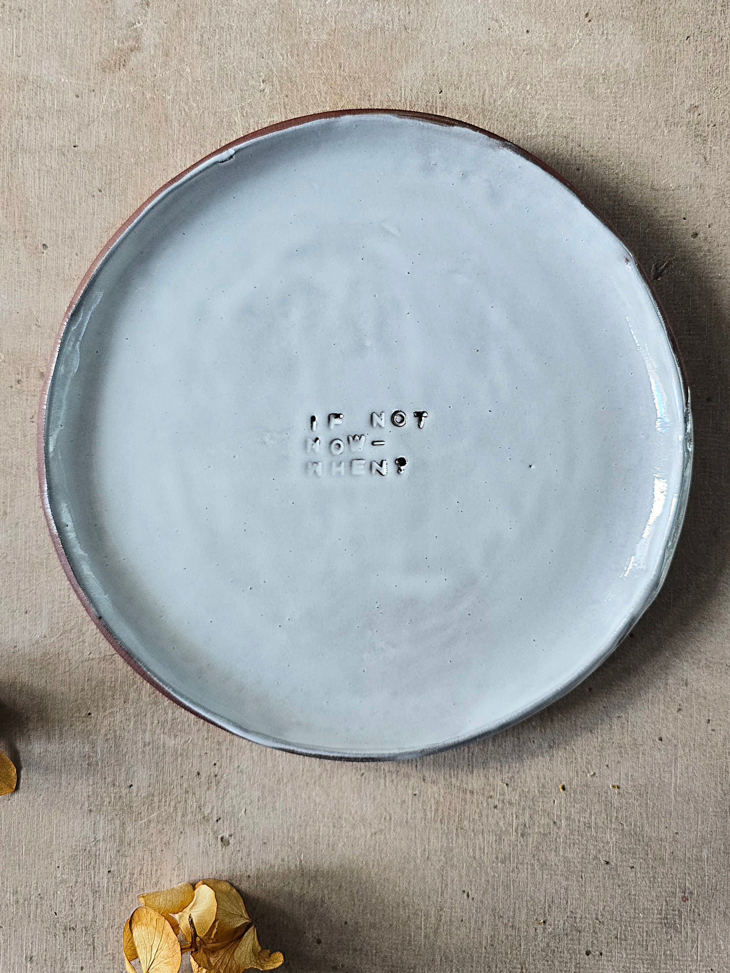 Handmade Mahogany Clay Side Plate | Silky White Glaze with Stamped Quote | Small Snack Plate | Mindful Gift | Personalised Thoughtful Pottery | Unique Rustic Tableware