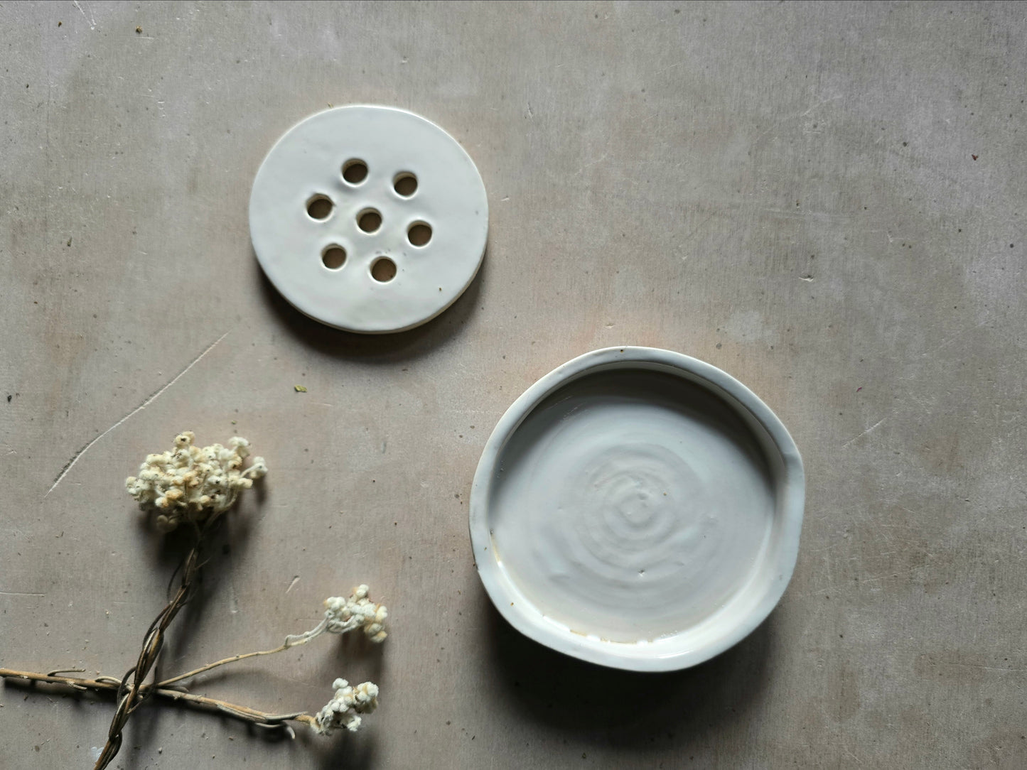 Milky White Stoneware Soap Dish with Drainage Tray – Handmade, Organic Shape, Seconds Quality