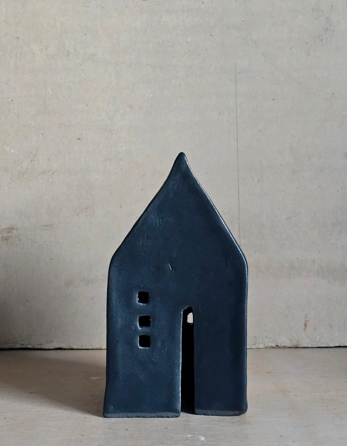 Handmade Illuminating House – Minimalist Navy Glaze with LED Light, Ceramic Cosy Home Décor