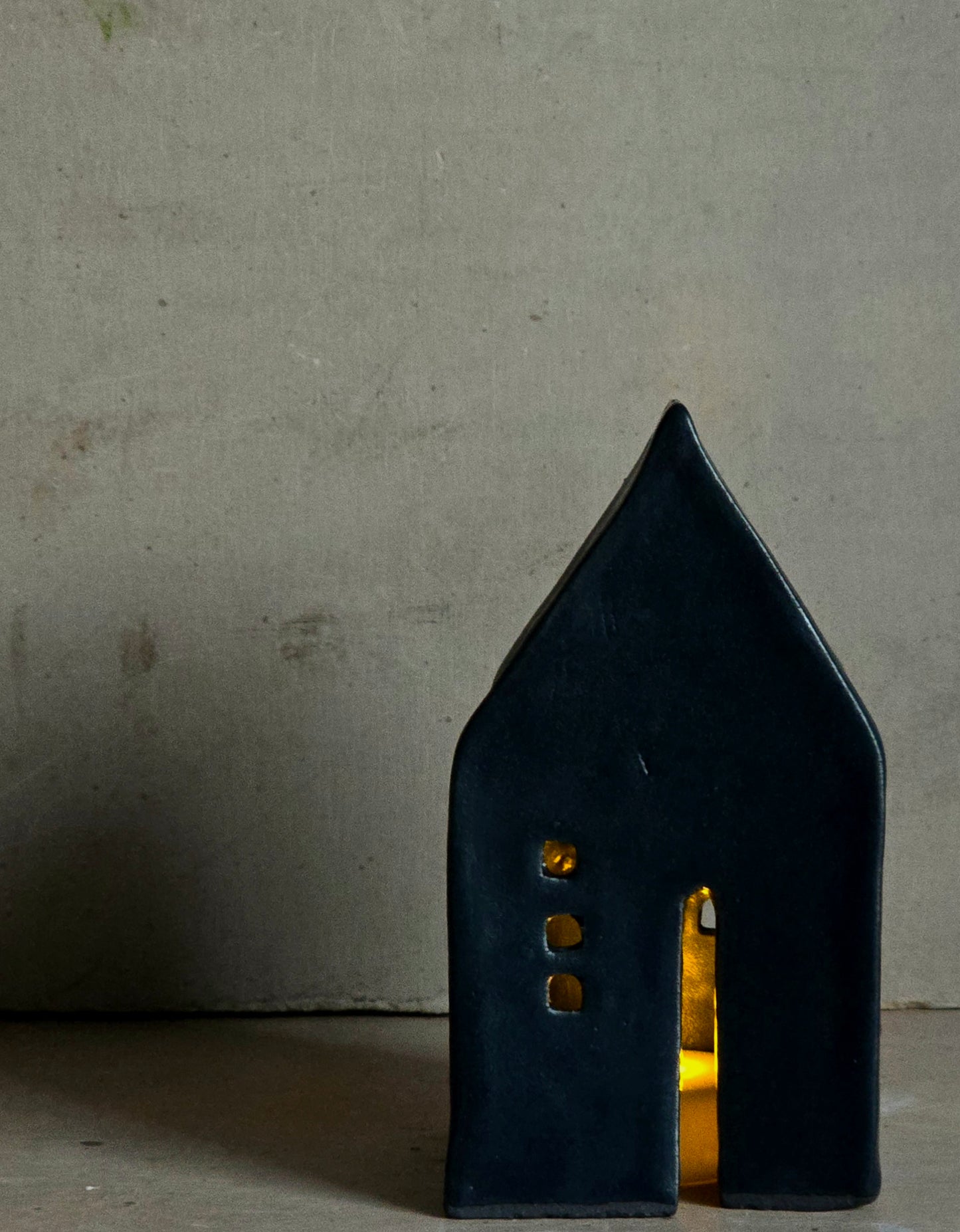 Handmade Illuminating House – Minimalist Navy Glaze with LED Light, Ceramic Cosy Home Décor
