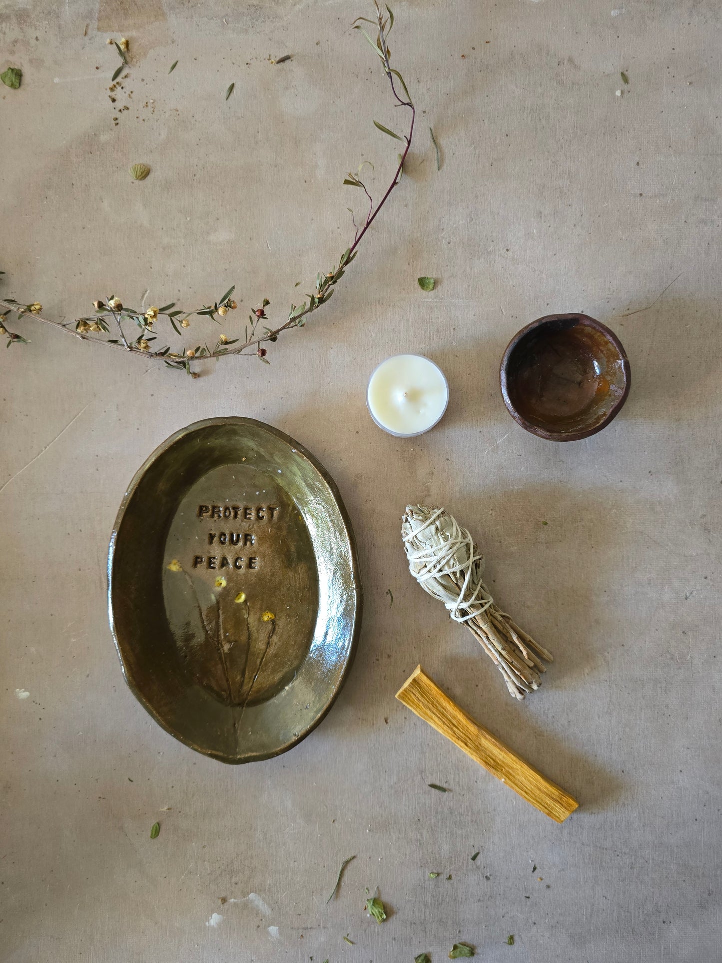 Handmade Oval Dish – “Protect Your Peace” Botanical Imprint in Olive Glaze