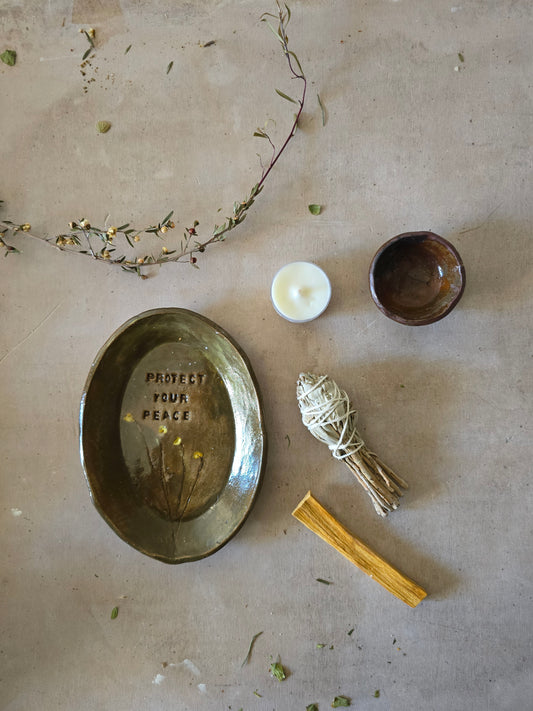 Handmade Oval Dish β βProtect Your Peaceβ Botanical Imprint in Olive Glaze
