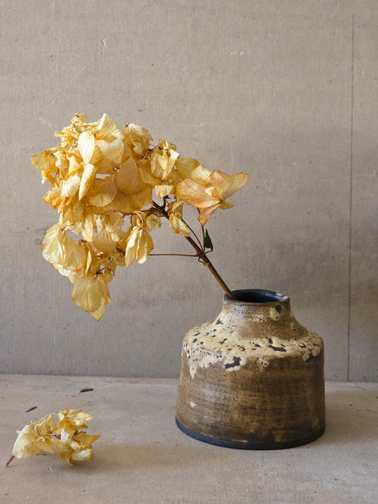 Handmade Caramel Brown Bud Vase β Black Clay Mini Vase with Latte Glaze Accents | Discounted Due to Cosmetic Base Flaws