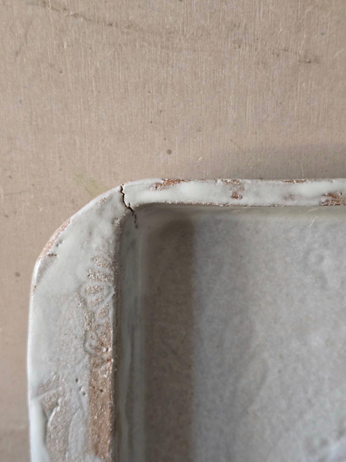 One-of-a-Kind Handmade Rectangular Serving Dish – Matte White Glaze with Botanical Imprints & Side Handles (Imperfect, Discounted)