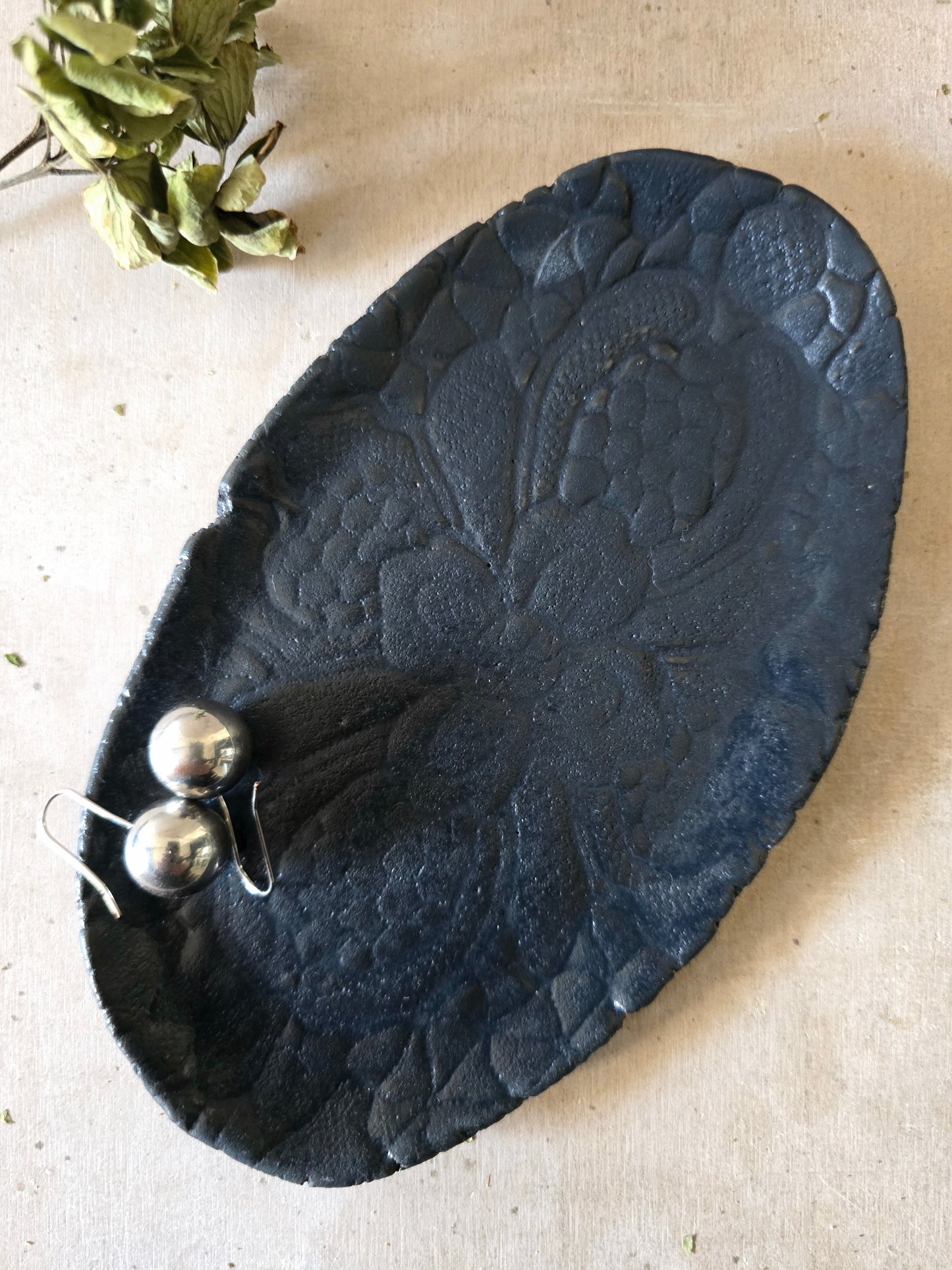 Handmade Oval Navy Ceramic Dish with Pressed Floral Cross – Rustic Snack Plate or Home Decor