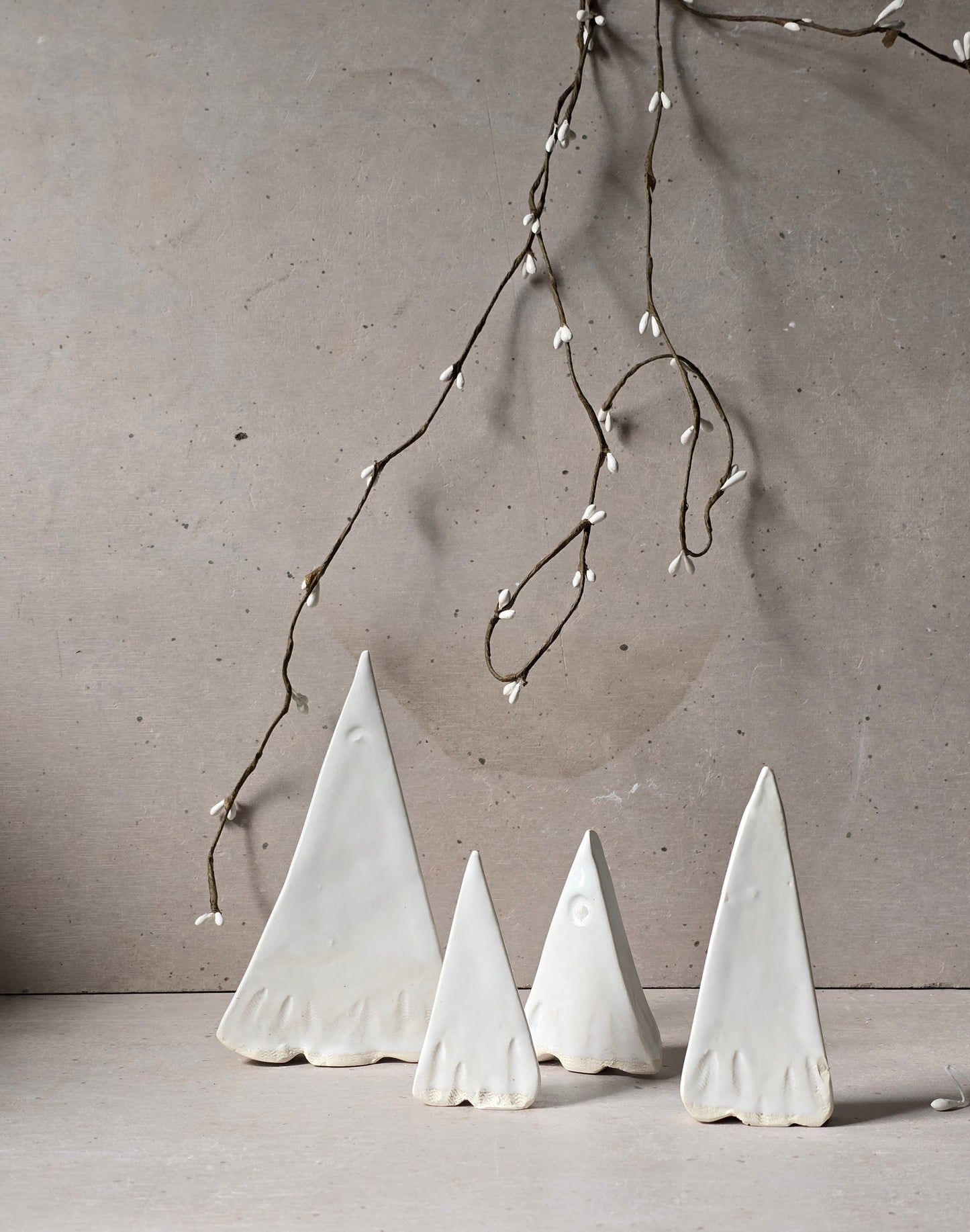 Set of Four Handcrafted White Glazed Christmas Trees – Juniper Impressions & Symbolic Cross Detail