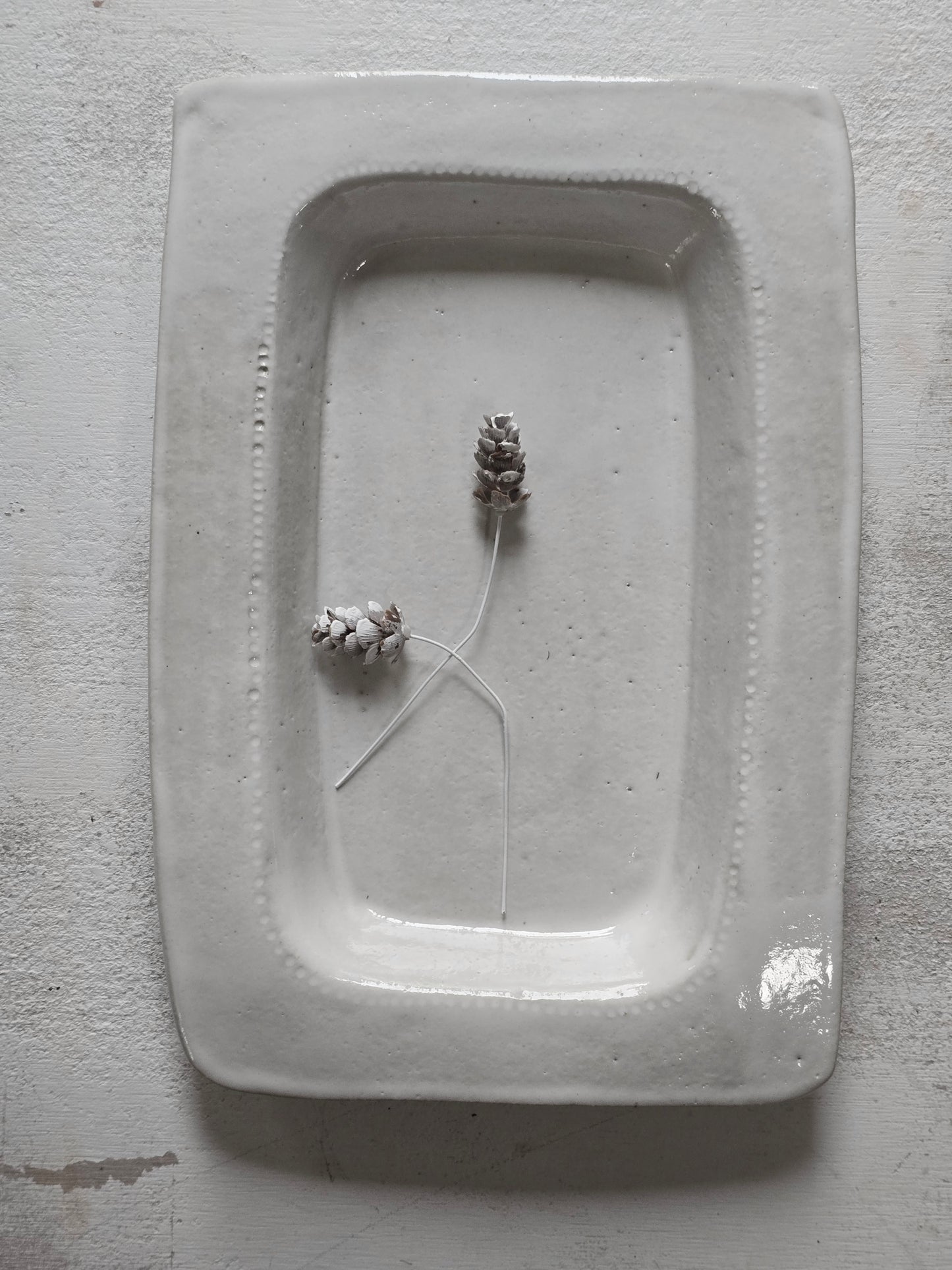 Handcrafted Milky White Rectangular Serving Dish — Imprinted Rim Design