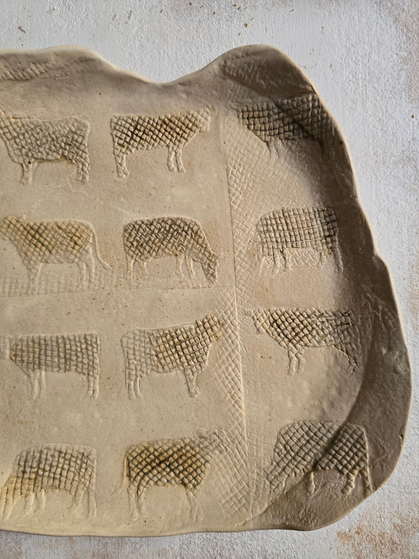 Handcrafted Organic Cow Platter | Matte Beige Ceramic with Olive Glaze | Rustic Country Serveware