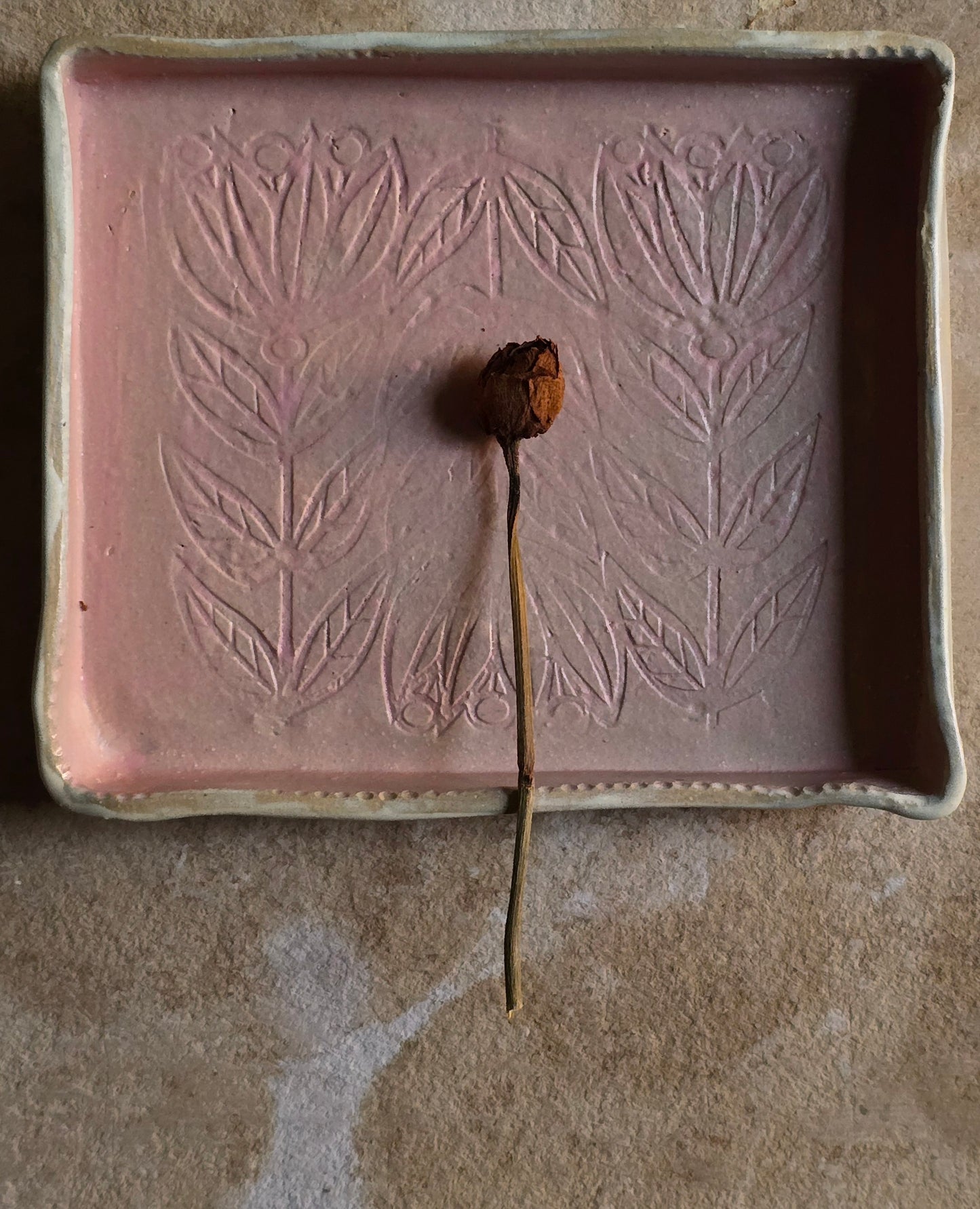 Handcrafted Rectangular Serving Tray | Dusty Pink Matte Glaze with Folk Art Floral Design | Rustic Pottery with Character
