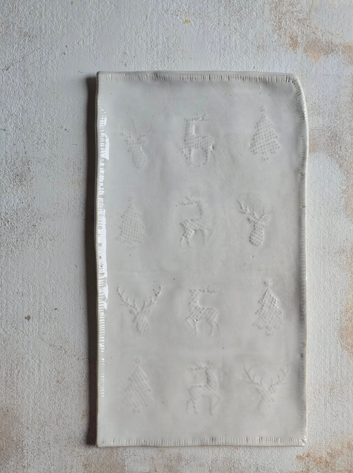 Handcrafted Glossy White Rectangular Serving Platter | Embossed Christmas Deer & Tree Motifs | Timeless Festive Serveware