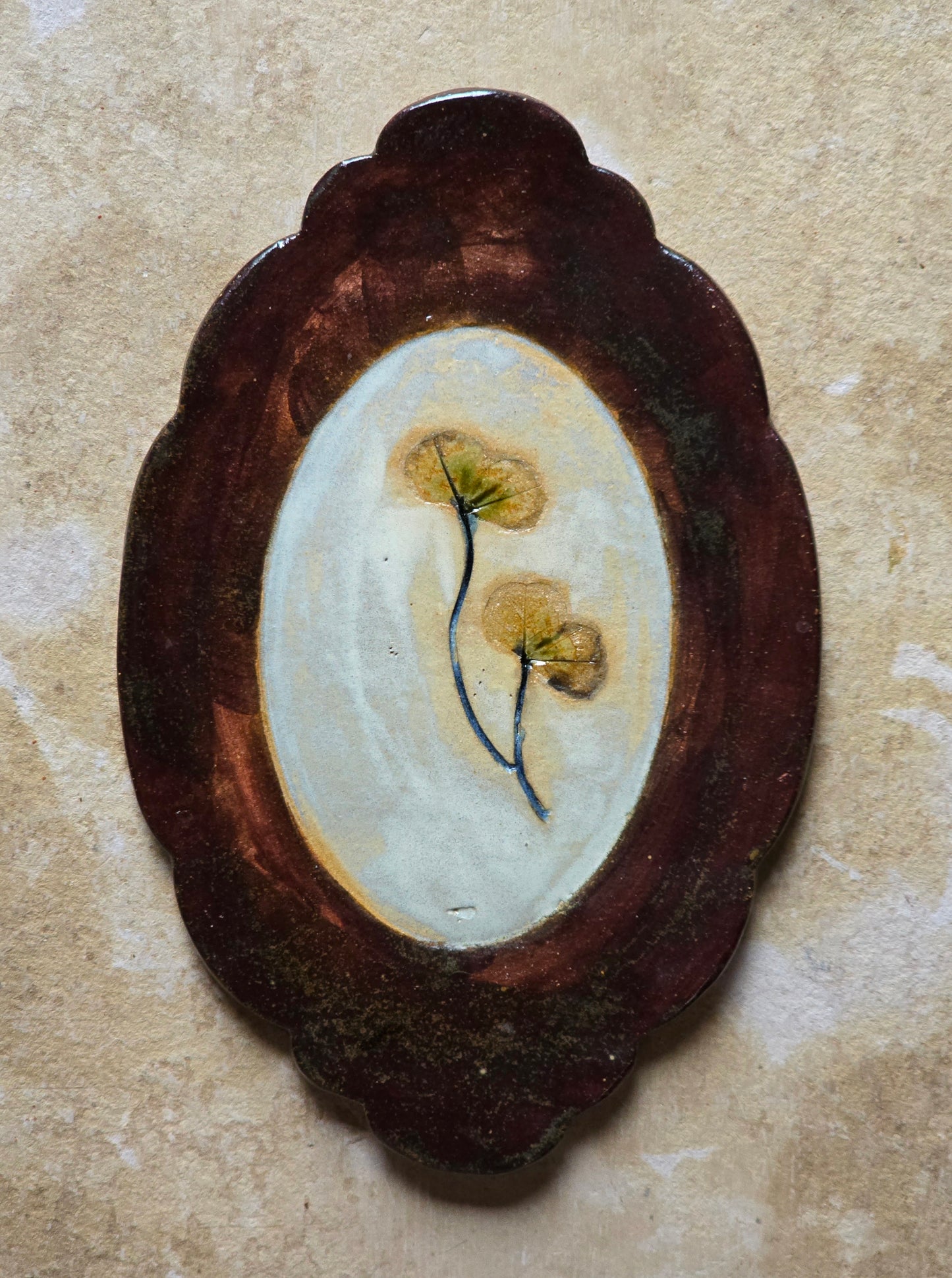 Oval Scalloped Dish | Red Claret Glaze with Handpainted Olive Green Botanicals