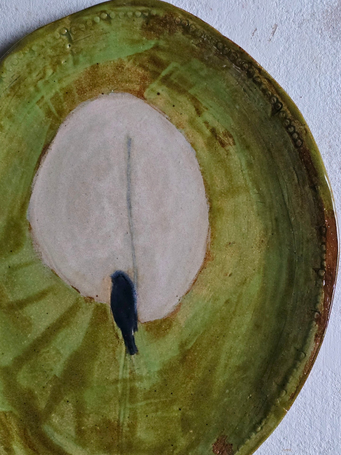 “A Wise Bird” – Handpainted Oval Ceramic Plate | Organic Form with Ornate Edge & Storytelling Design