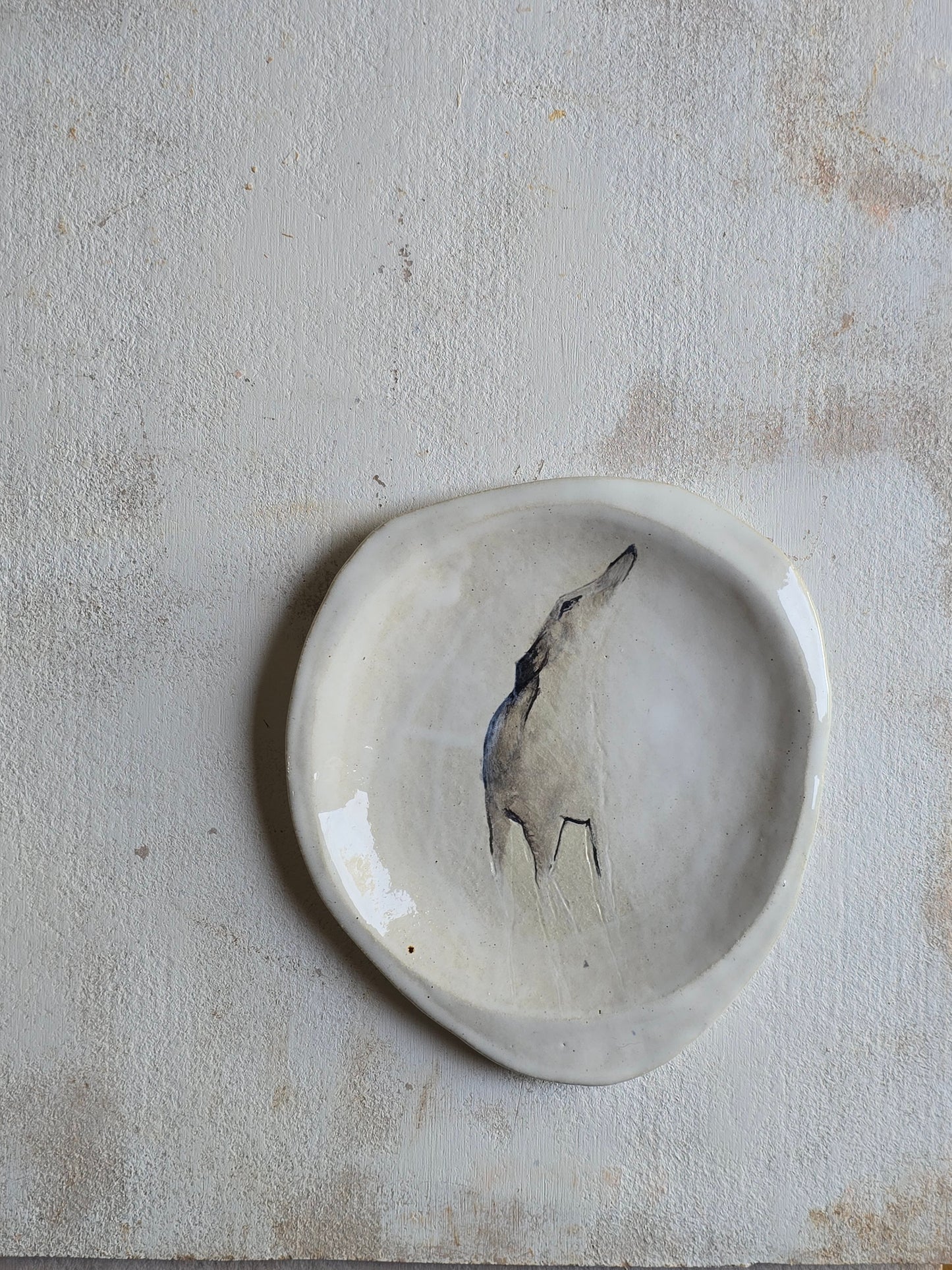 Handcrafted Hand-Painted “Finn the Whippet” Plate | Organic Shape with Glossy White Finish | Symbol of Hope & Trust