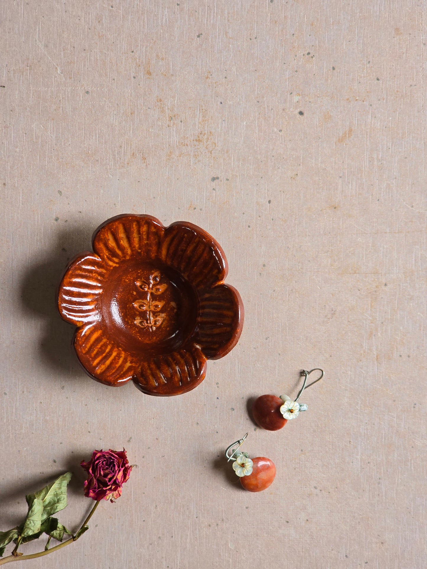“Handcrafted Scalloped Trinket Dish-Claret Blossom Dish