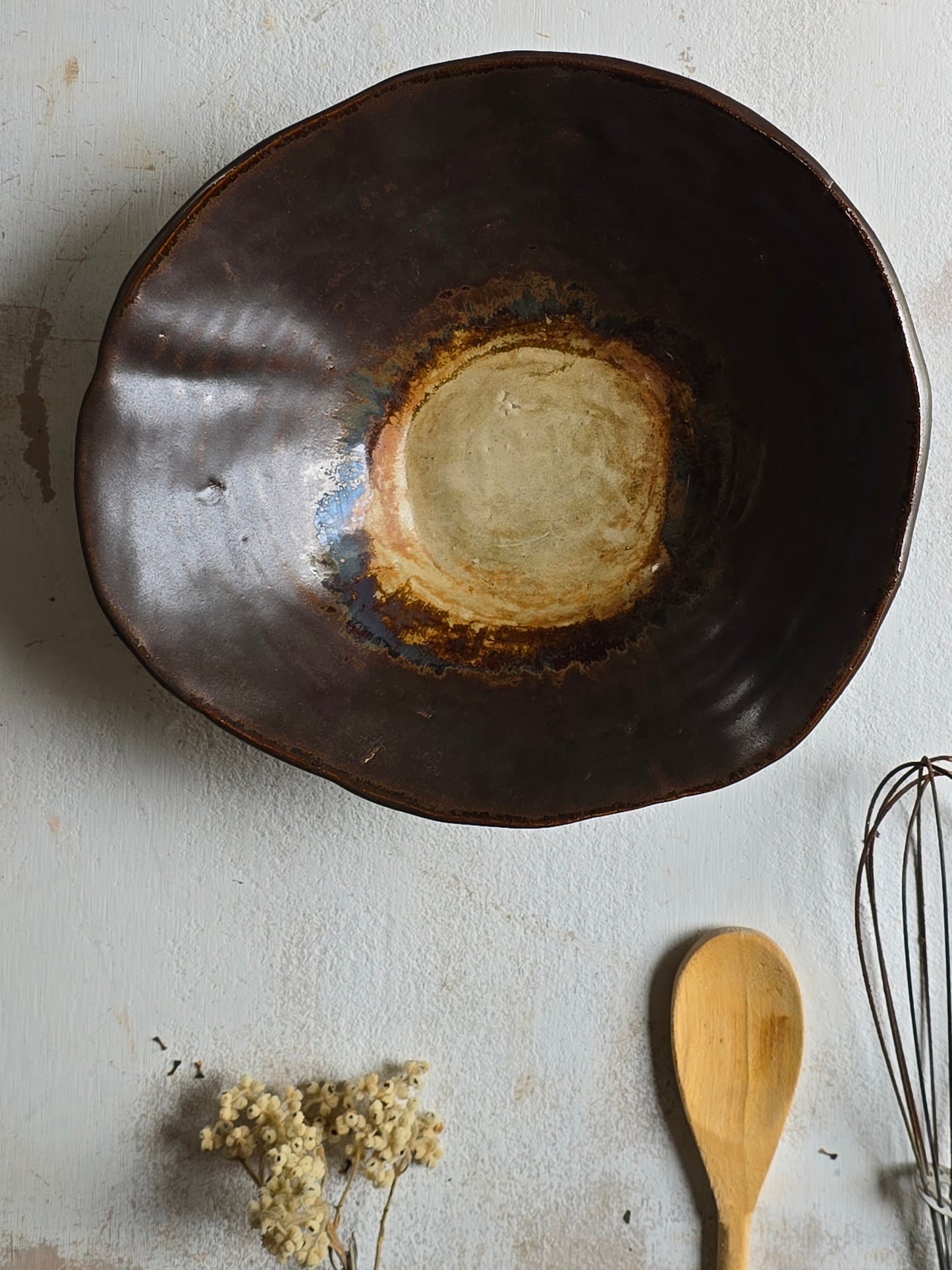 Rustic Organic Oval Bowl | Handbuilt Chocolate Brown, Caramel & Stony Beige Serving Bowl