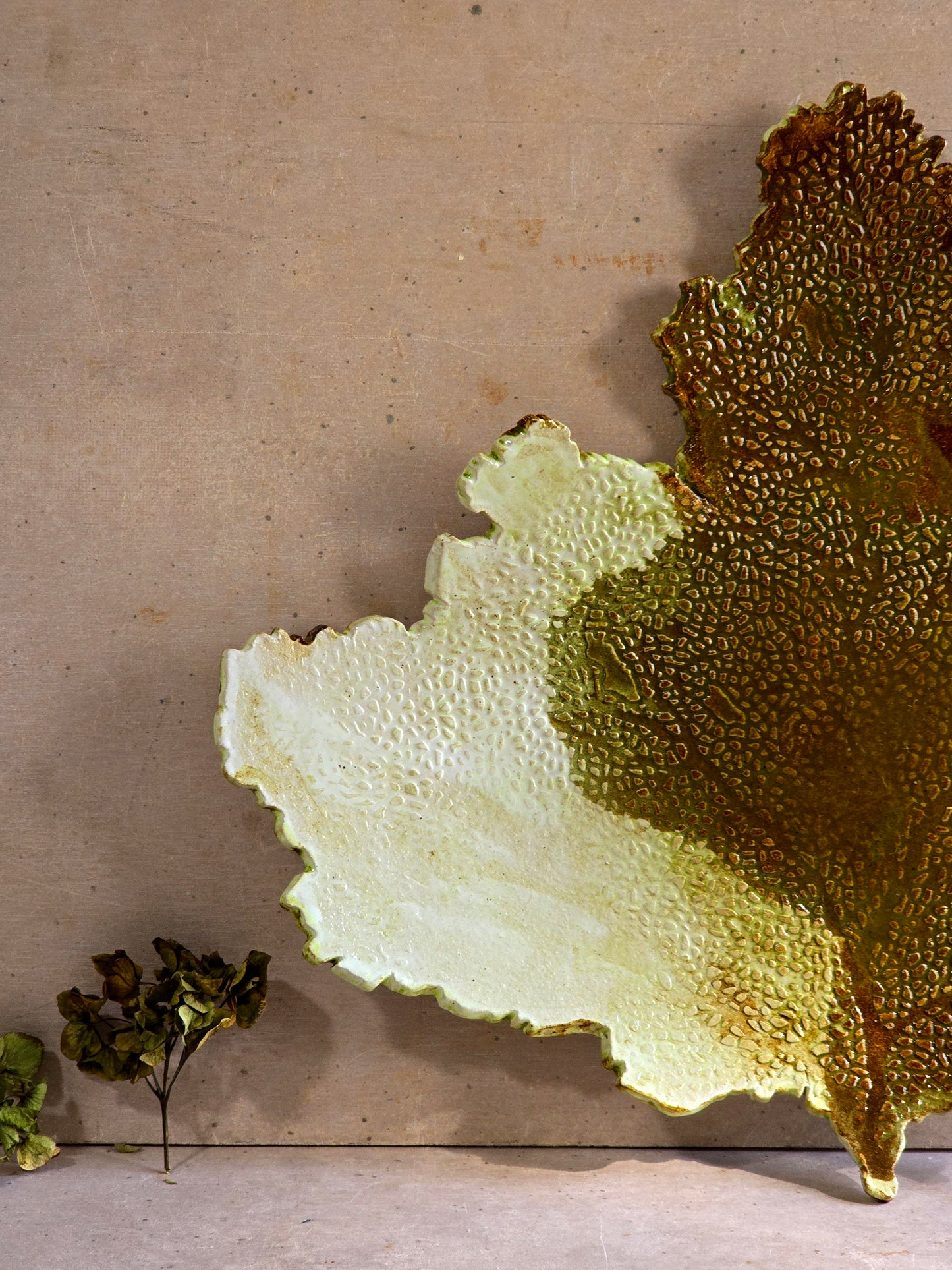 Handcrafted Big Leaf Maple Serving Platter – Sculptural Green Glaze with Vine Impressions