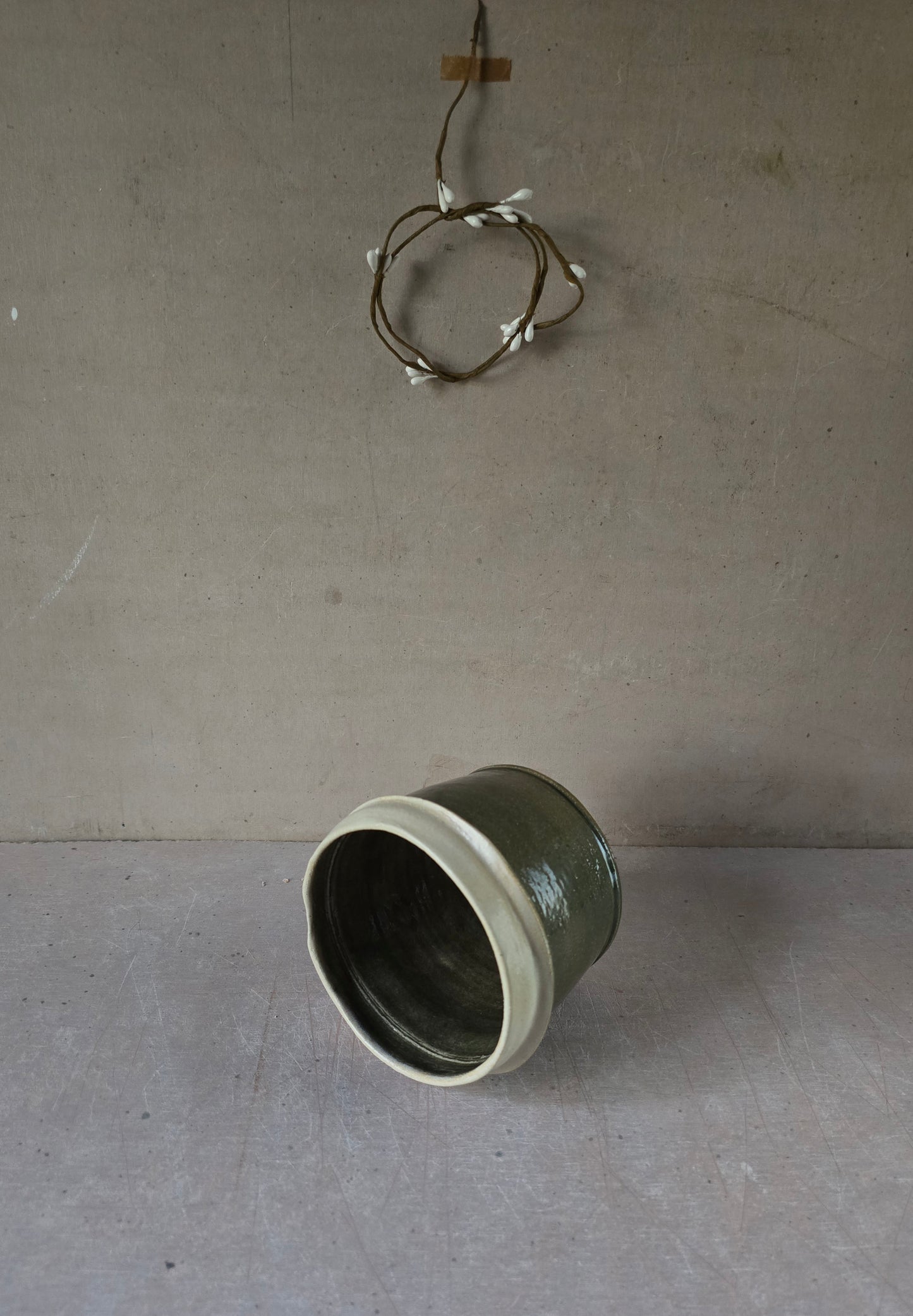 Handcrafted Dark Olive Stone-Rim Vessel – Rustic Organic Utility Piece