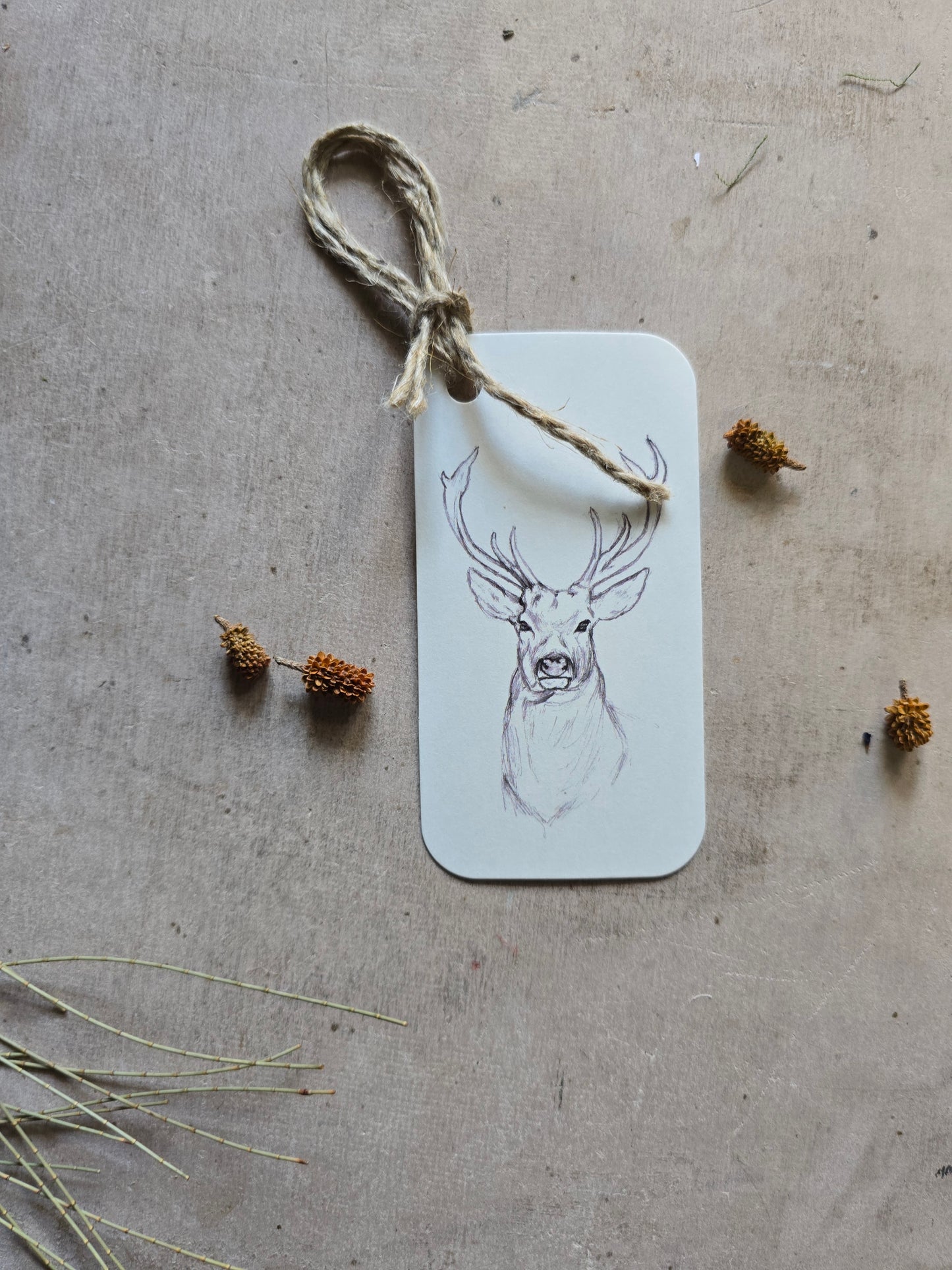 Handmade-Style Deer Sketch Christmas Tags — Off-White Festive Gift Tags, Pre-Punched & Ready to Tie