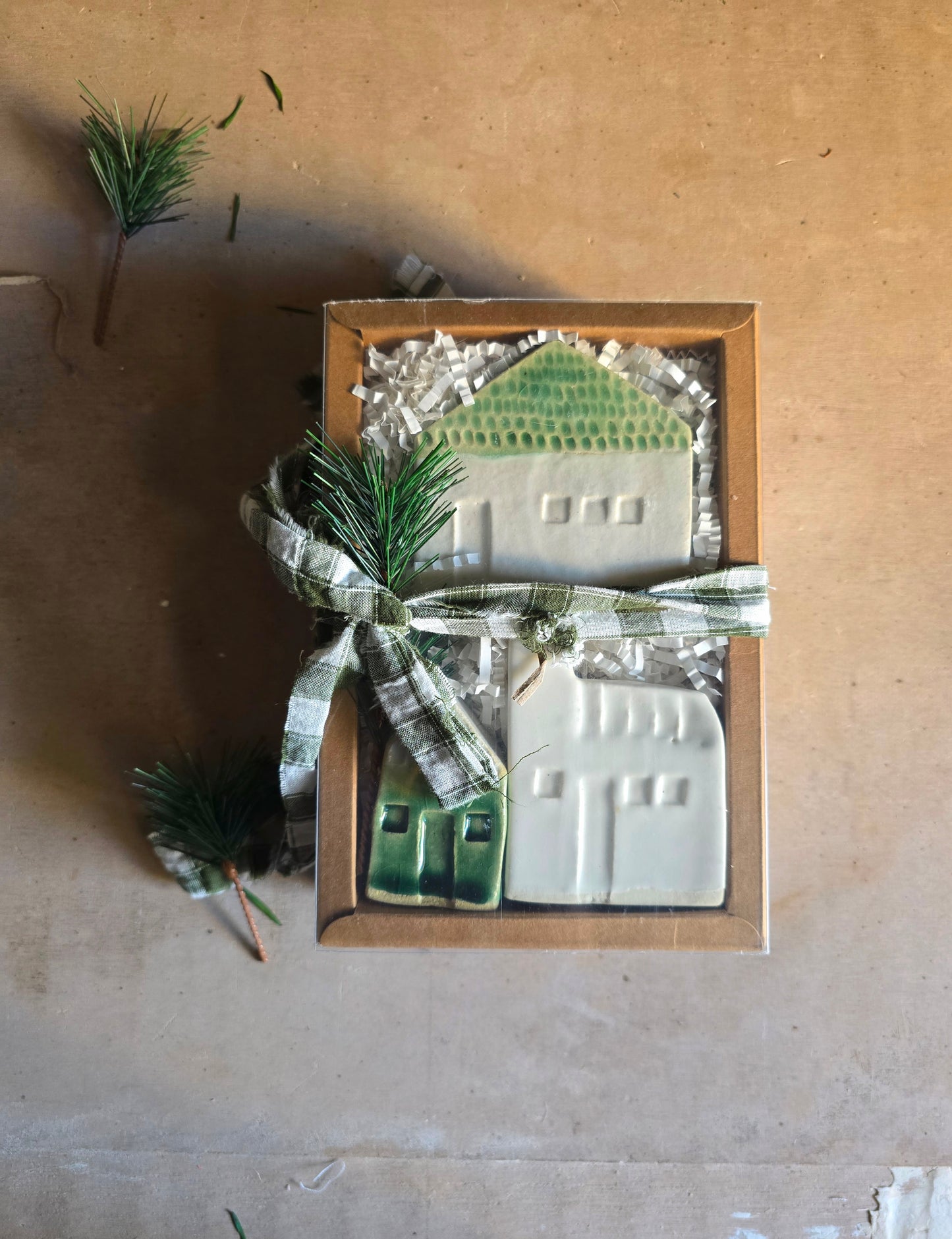 Handcrafted Crisp White-Green Little Houses Collection - (Gift boxed & Unique)