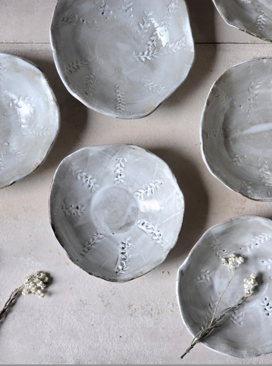Handmade Organic Ceramic Bowl | Leaf Embossed Pottery Bowl | Oatmeal White Glaze | Cereal, Pasta, Rice, Dessert Bowl | Unique Rustic Kitchenware | Gift Idea