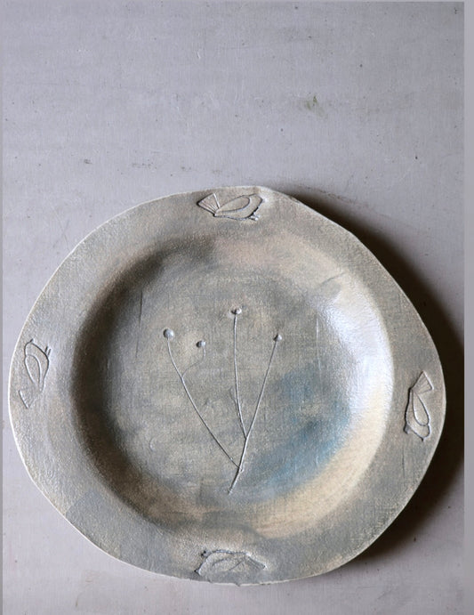 Sheer Duck Egg Blue Wide Rim Shallow Dish – Handmade Ceramic Plate with Bird & Flower Imprints, 35cm