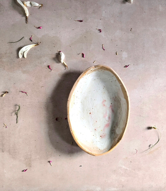 Handcrafted Small Oval Ceramic Dish – White & Plum Glaze with Raw Buff Clay Edges – Unique Rustic Bowl for Serving, Decor & Gifting