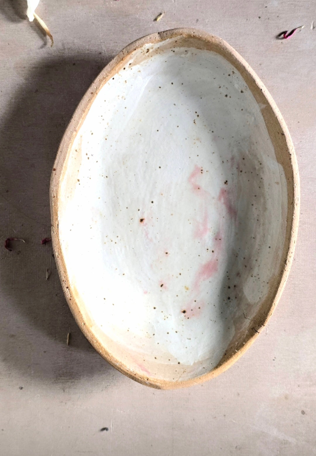 Handcrafted Small Oval Ceramic Dish – White & Plum Glaze with Raw Buff Clay Edges – Unique Rustic Bowl for Serving, Decor & Gifting