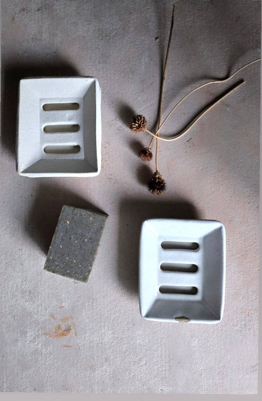 Handcrafted Rectangular Ceramic Soap Dish with Drip Tray | Two Piece Pottery Soap Holder | Modern Rustic Bathroom Decor | Gift for Home | Trinket Tray