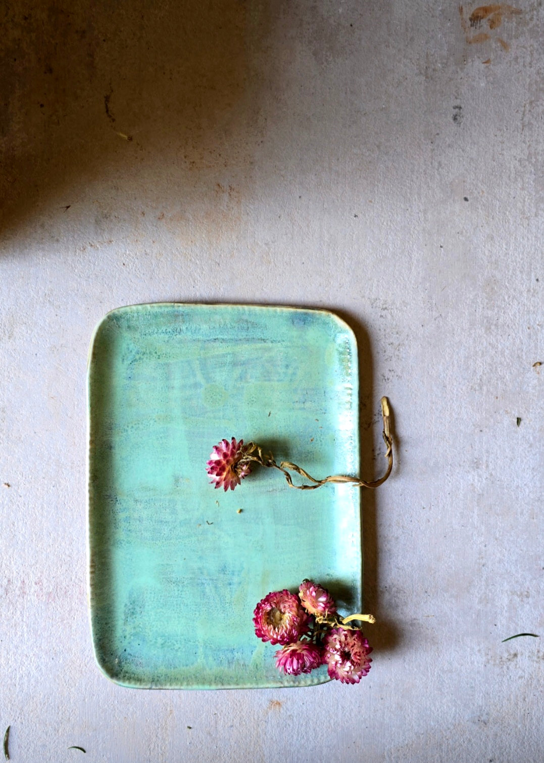 Handmade Ceramic Serving Tray – Rectangular with Rounded Edges, Raw Silk - Like Glaze in Green & Blue