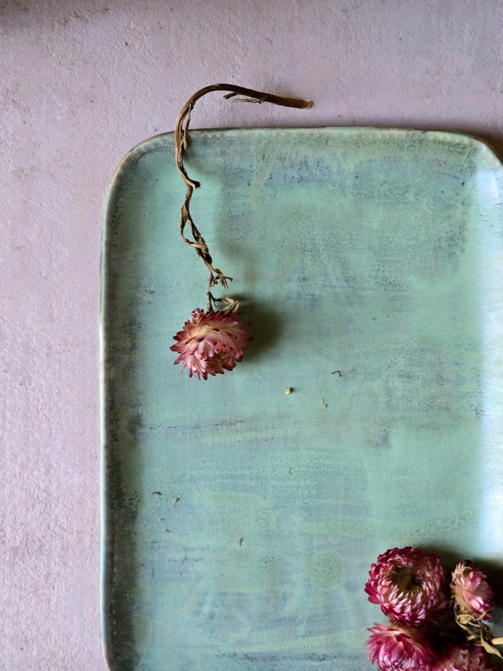 Handmade Ceramic Serving Tray – Rectangular with Rounded Edges, Raw Silk - Like Glaze in Green & Blue