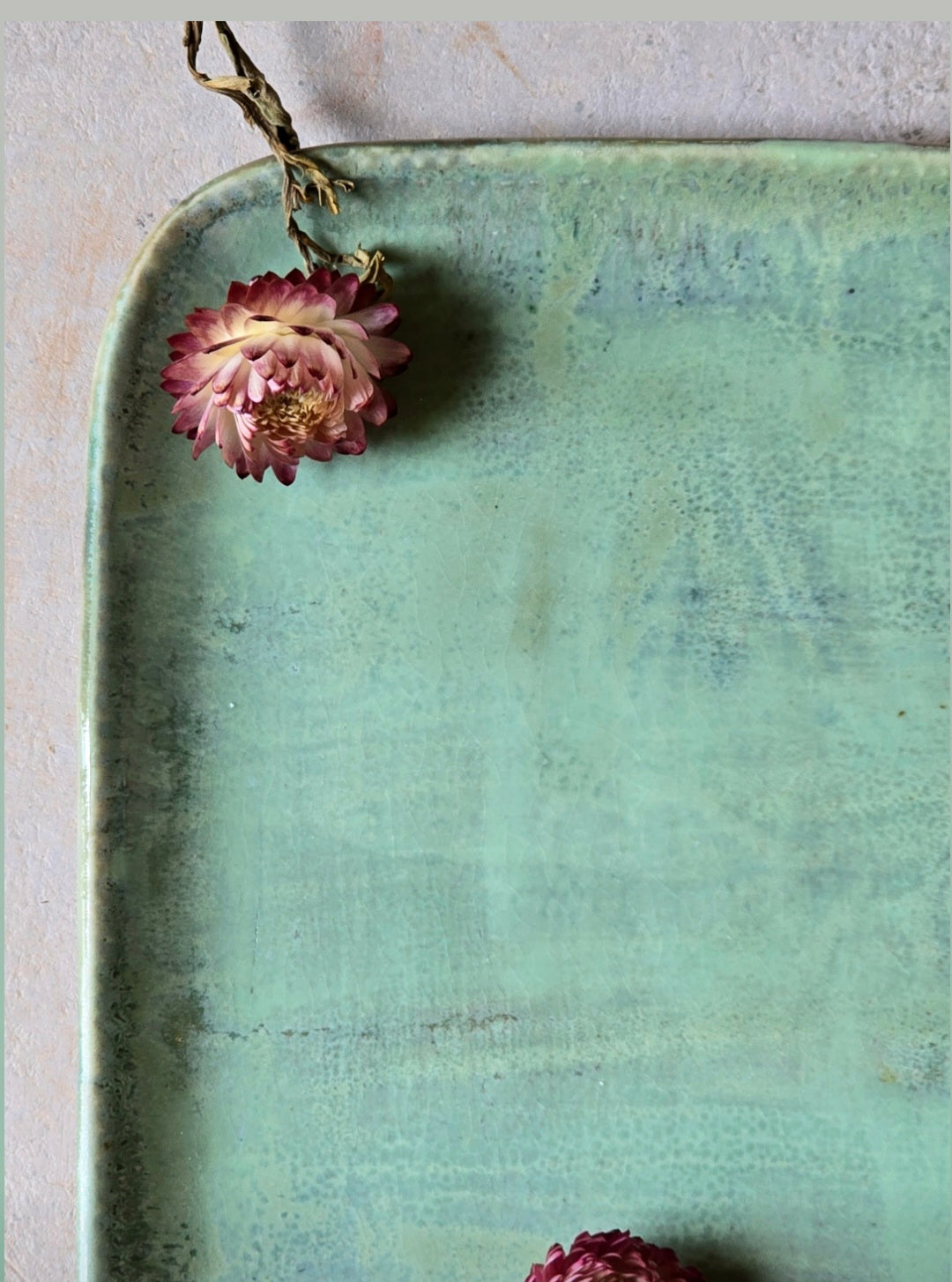 Handmade Ceramic Serving Tray – Rectangular with Rounded Edges, Raw Silk - Like Glaze in Green & Blue