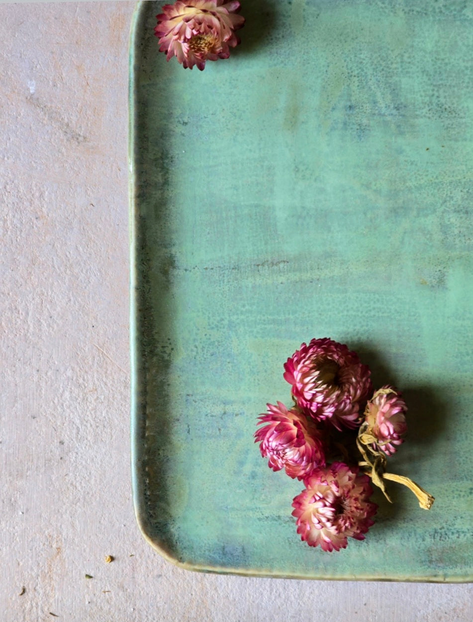 Handmade Ceramic Serving Tray – Rectangular with Rounded Edges, Raw Silk - Like Glaze in Green & Blue