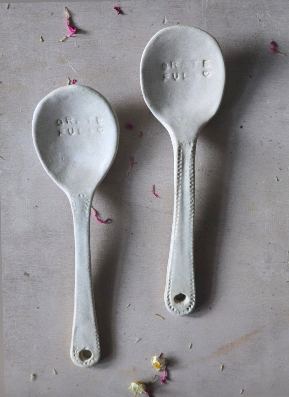 Handmade Ceramic Grateful Spoon – Oatmeal Glaze with Hanging Hole | Rustic Kitchen Gift