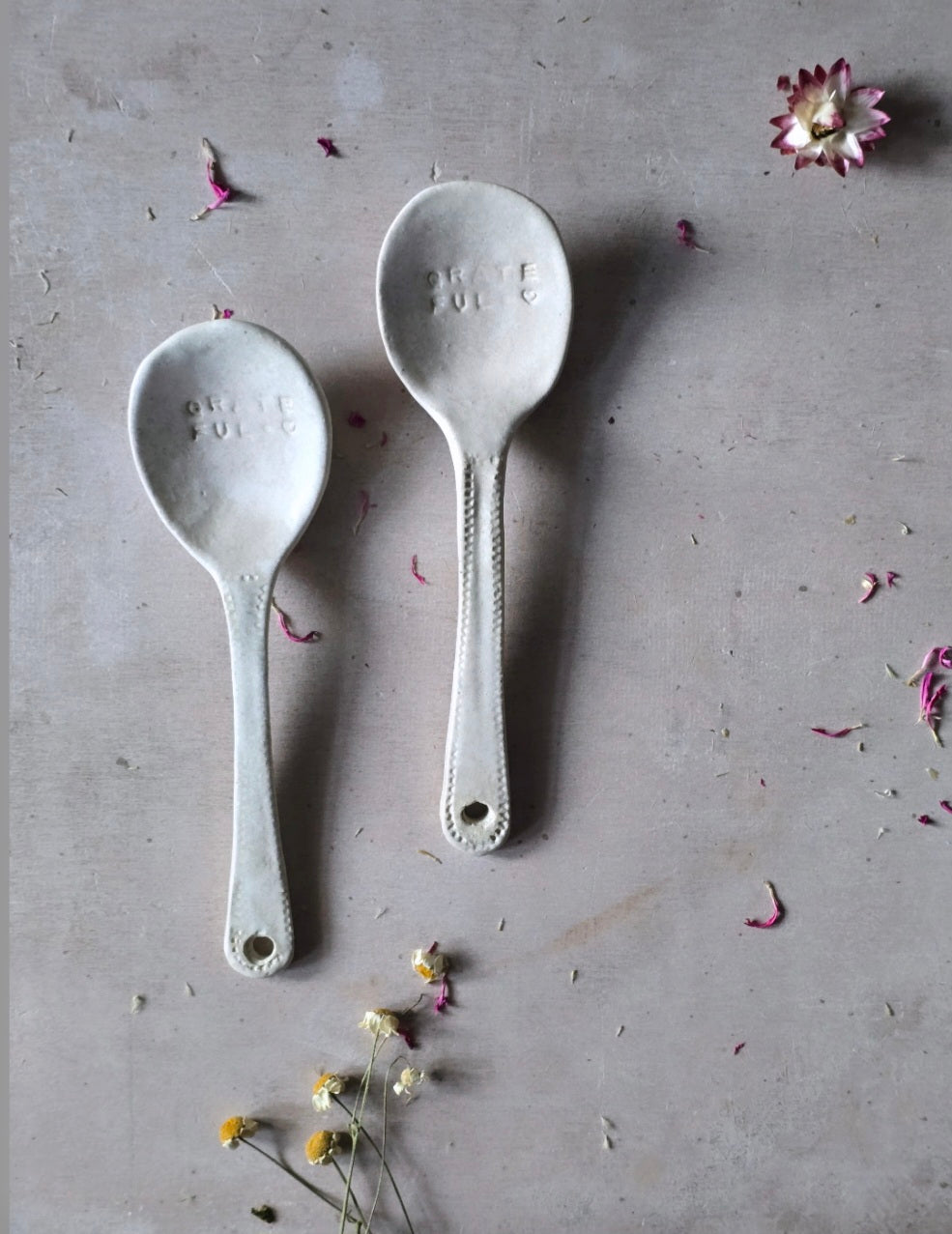 Handmade Ceramic Grateful Spoon – Oatmeal Glaze with Hanging Hole | Rustic Kitchen Gift