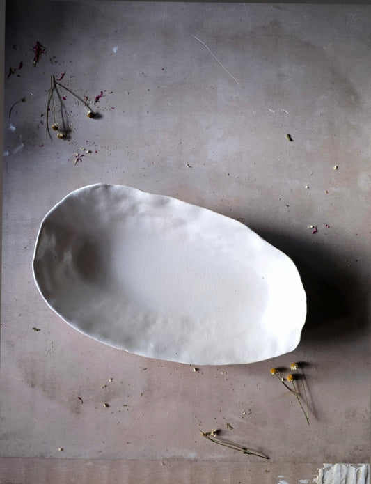 Handcrafted Organic Rectangular Serving Dish – White Glaze with Finger Impressions