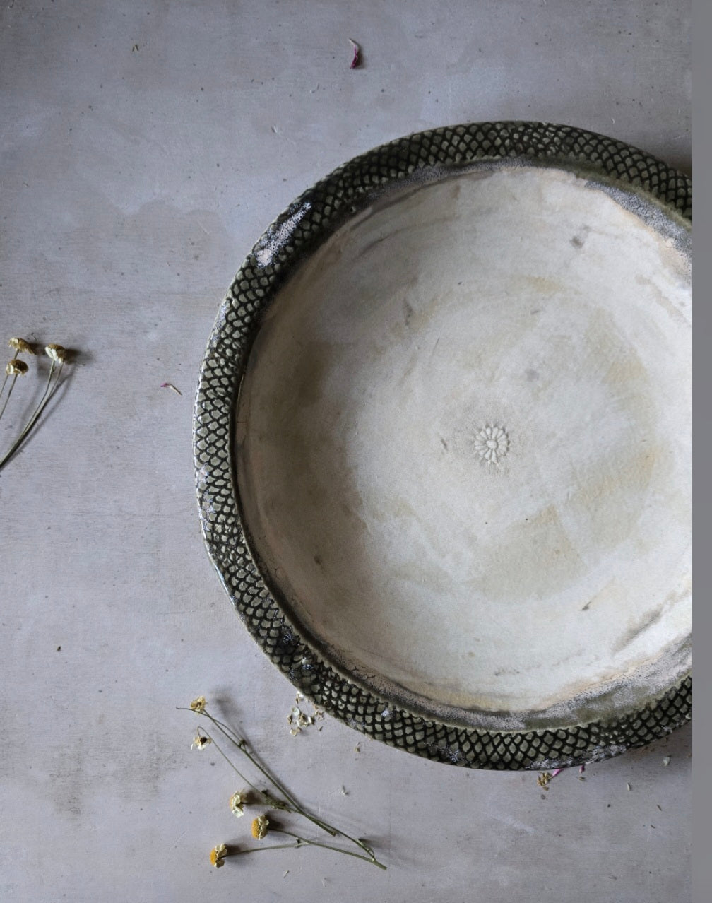 Handcrafted Ceramic Serving Dish – Dark Olive & Latte Glaze with Embossed Flower | Unique Bespoke Pottery Plate