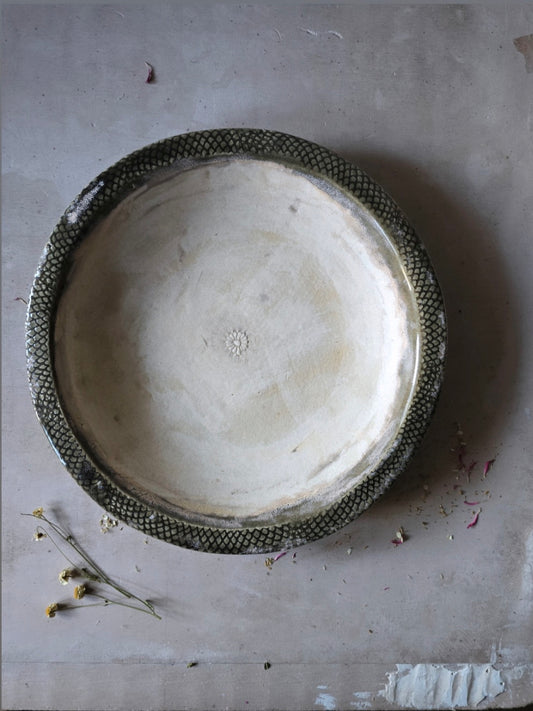Handcrafted Ceramic Serving Dish – Dark Olive & Latte Glaze with Embossed Flower | Unique Bespoke Pottery Plate