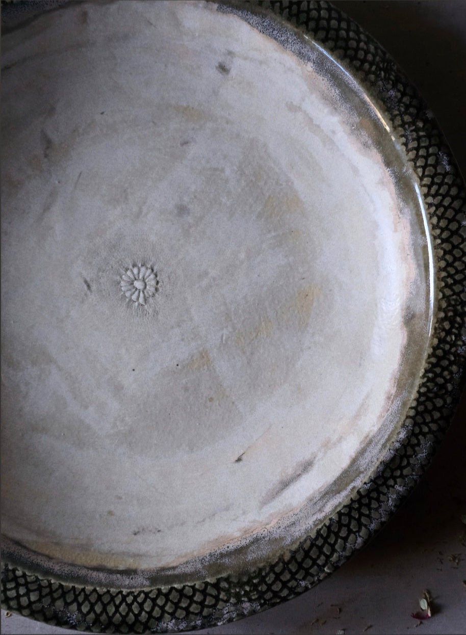 Handcrafted Ceramic Serving Dish – Dark Olive & Latte Glaze with Embossed Flower | Unique Bespoke Pottery Plate