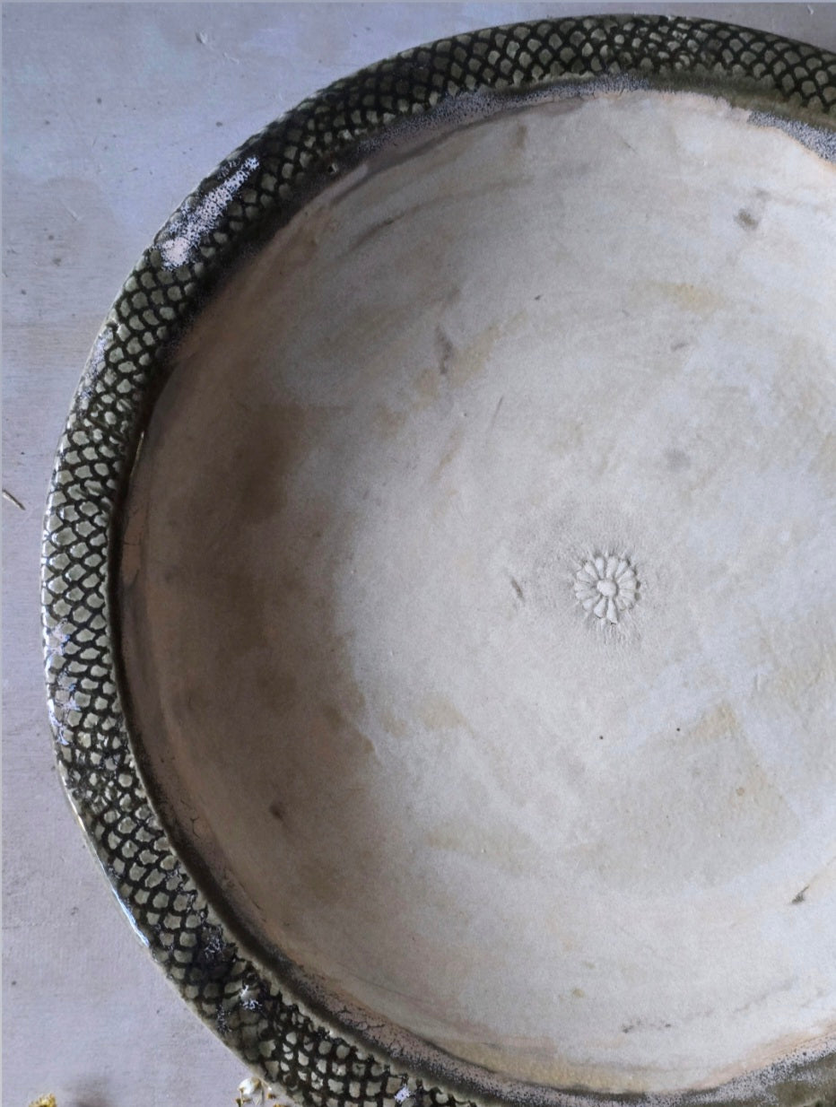 Handcrafted Ceramic Serving Dish – Dark Olive & Latte Glaze with Embossed Flower | Unique Bespoke Pottery Plate