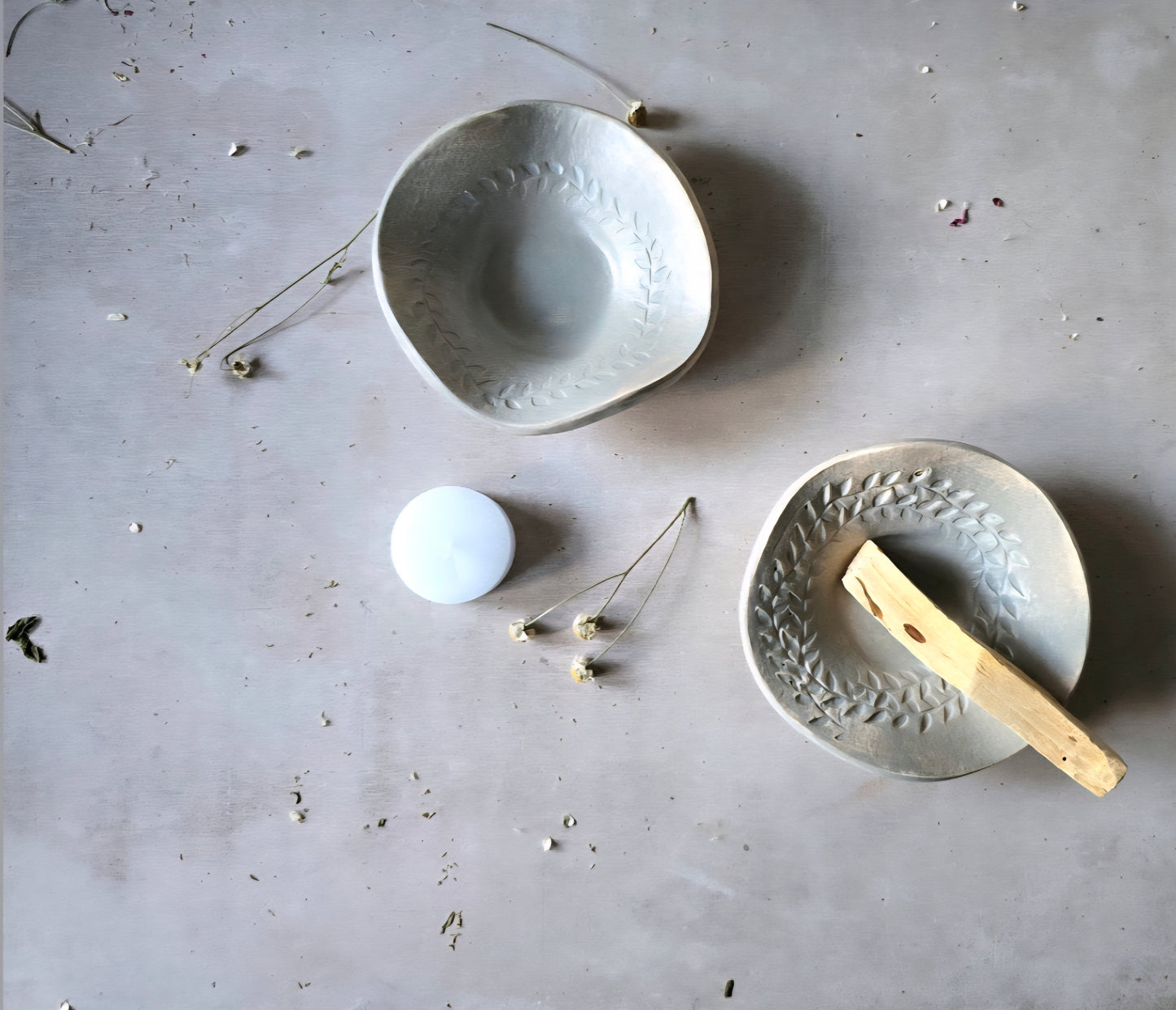 Sheer Duck Egg Blue Ceramic Trinket Dish – Tealight, Palo Santo, Smudge Stick Holder – Handmade Leaf Flower Embossed Glazed Bowl – Gift or Jewellery Dish