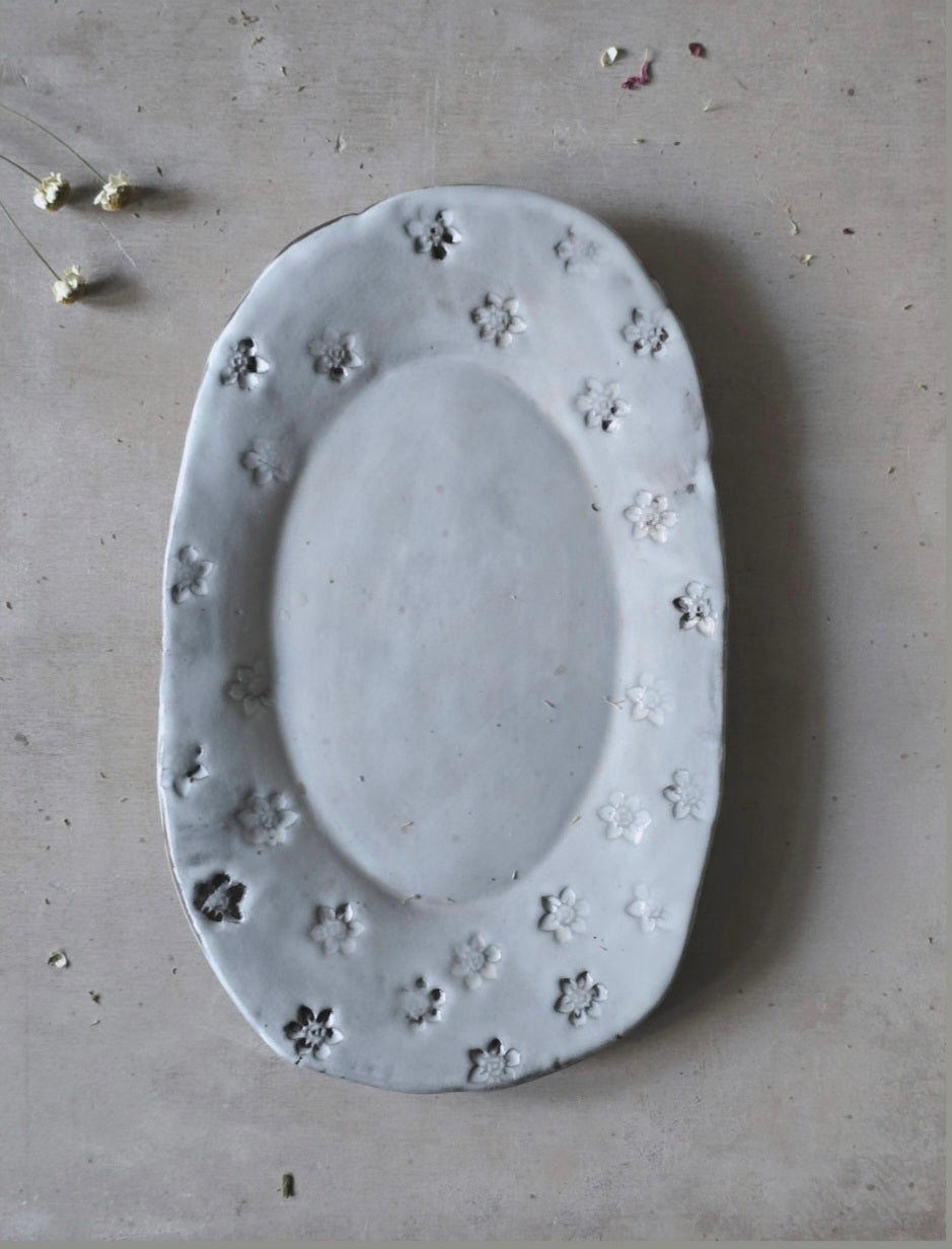 Rectangular Daisy-Stamped Dish – Sheer White Glaze on Rich Mahogany Clay with Raspberry Accents