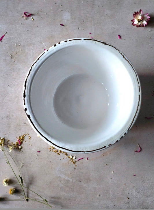 Milky White Stoneware Mixing & Serving Bowl with Chocolate Brown Rim – Farmhouse Rustic Kitchenware