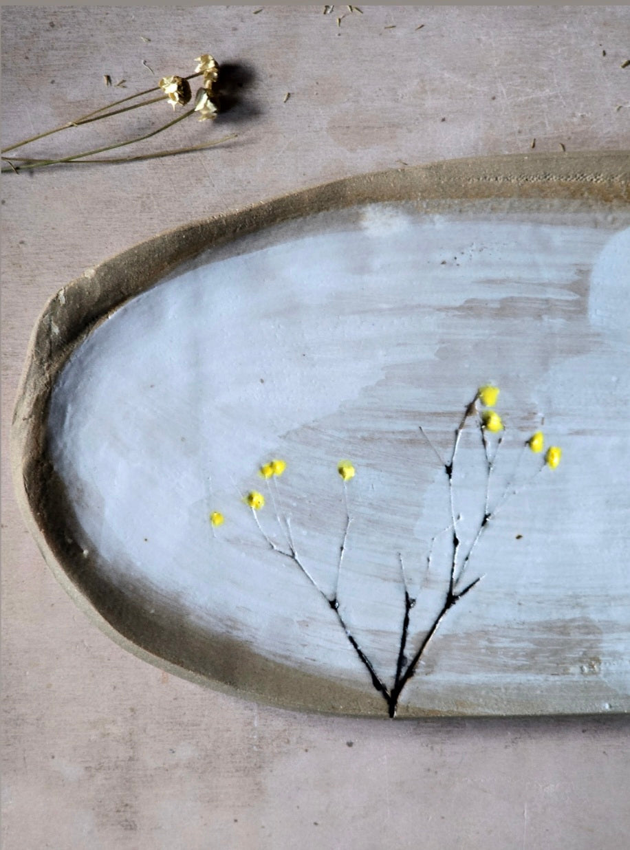 Handpainted Cootamundra Tree Serving Tray – Organic Ceramic with White Glaze & Exposed Stone Grey Edge – Artisan Tableware