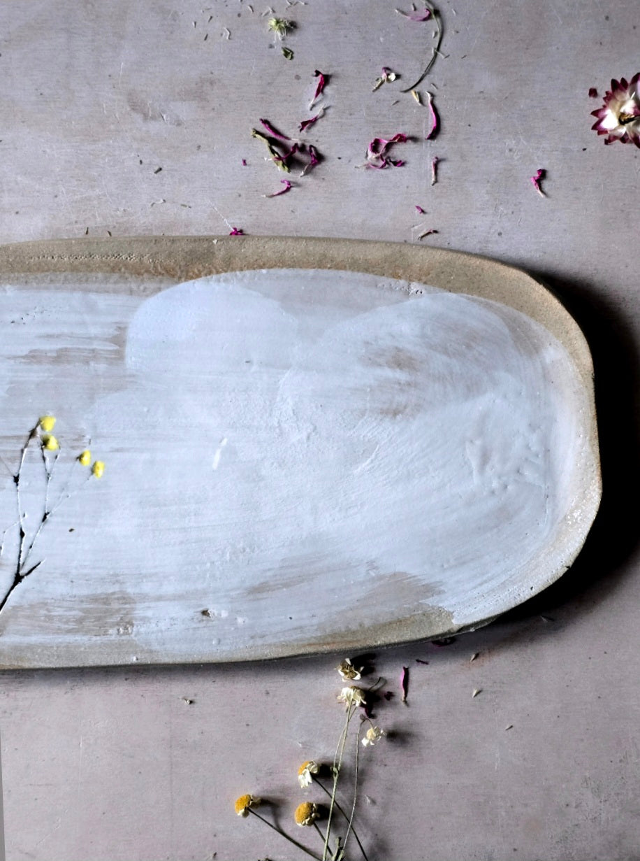 Handpainted Cootamundra Tree Serving Tray – Organic Ceramic with White Glaze & Exposed Stone Grey Edge – Artisan Tableware